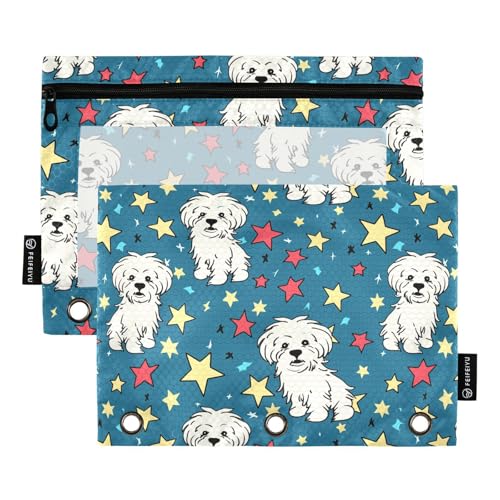 Fustylead Hand Draw Cartoon Maltese and Red Yellow Stars Pencil Pouch for 3 Ring Binders, Zipper Pencil Bags with Clear Window Organizer for Cosmetic Office School Students 2 Pack - color: Blue04 Maltese and Stars