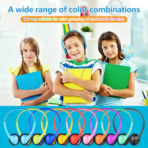 Classroom Headphones Bulk 10 Pack, Wired 3.5mm Jack, Mixed Colors | School Headphones for Kids Students Teens Adults. On Ear Headphones for Laptop Chromebook. Testing Online Learning