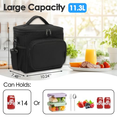 FlowFly Insulated Reusable Lunch Bag Adult Large Lunch Box for Women and Men with Adjustable Shoulder Strap,Front Zipper Pocket and Dual Large Mesh Side Pockets, Black - color: Black