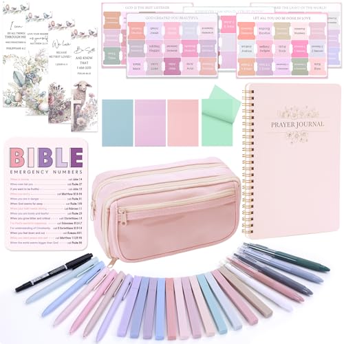 XKDOUS Bible Study Supplies Journaling Kit for Women, Bible Study Kit, 12 Pastel Highlighters and 12 Pens No Bleed, 75 Laminated Tabs, Prayer Journal Pencil Case and More, Pink - color: Pink