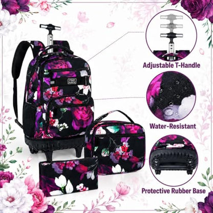 3Pcs Rolling Backpack for Girls Women, Travel Roller Backpacks with Wheels for Adults, Teens College Rose Wheeled Bookbag with Lunch Box(Black) - color: Rose Black