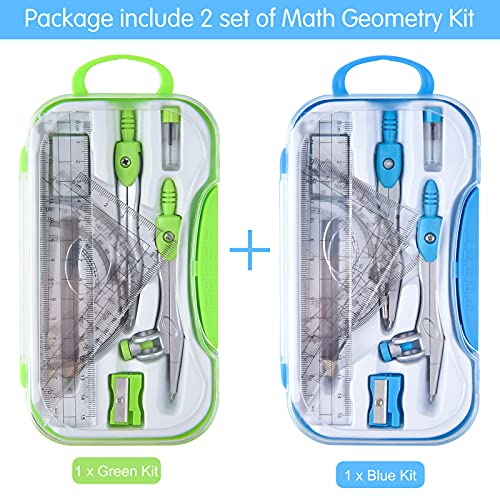 Coopay 2 Sets Math Geometry Kit, 10 Pieces Student Supplies Per Set Includes Ruler, Triangles, Protractor, Compass, Eraser, Pencil Sharpener, Lead Refills, Pencil, for Drafting and Drawings