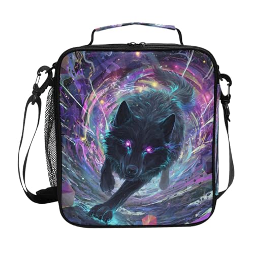 Black Wolf Purple Eyes Galaxy Lunch Box Insulated Lunch Bag Kids Cooler Tote Bag Freezable Shoulder Strap Lunchbox for Girls School Picnic - color: Multi2404