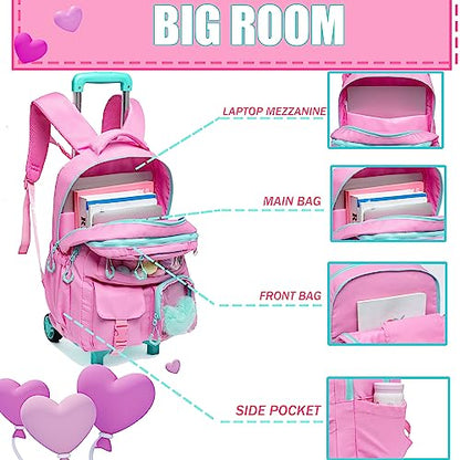 Rolling Backpack for Girls Kids Backpack with Wheels Backpacks for Elementary with Lunch Box Pencil Case Trolley Luggage - color: Pink