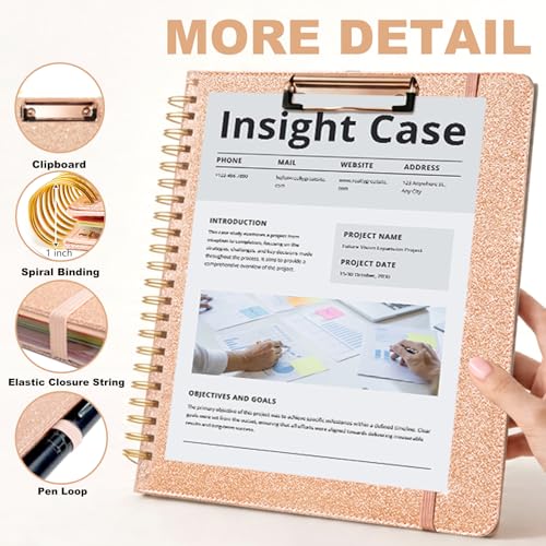 Foldable Spiral Clipboard Folio with Storage Zipper Pouch, 5 Plastic Folders with Pockets,Refillable Lined Notepad (8.5" x 11"), Hardcover Project Organizer with 36 Stickers - color: 2-rose Golden