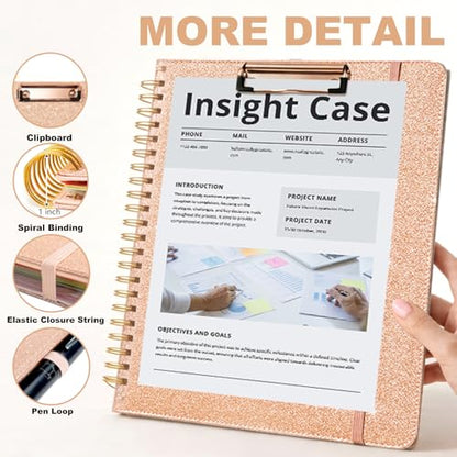 Foldable Spiral Clipboard Folio with Storage Zipper Pouch, 5 Plastic Folders with Pockets,Refillable Lined Notepad (8.5" x 11"), Hardcover Project Organizer with 36 Stickers - color: 2-rose Golden