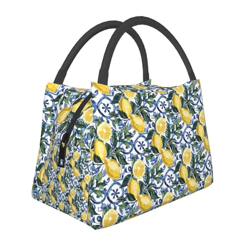 MIEPOSLemon Lunch Box with Mediterranean Citrus Tile Pattern for Girls and Adults,Lightweight Handbag with Zipper Closure,Portable Cosmetic Bag for School,Work,Office,Travel and Picnic Gifts - color: Lemon
