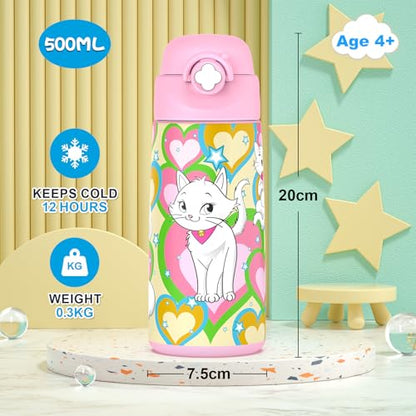 Girls Insulated Water Bottle with Covered Pop-Up Straw,16 oz Kids Cups with Stainless Steel Leak Proof for School Pink（Cat） - color: A14.Cat, style: 1Pack