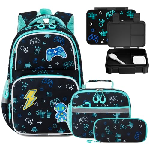 Kids Backpack for Boys 4-8, Cute 3D Embroidered Gamer Toddler Backpack with 34oz Lunch Box, Insulated Bag, Pen Case & Utensils, School Bookbag for Preschool Kindergarten Elementary Student - color: Game