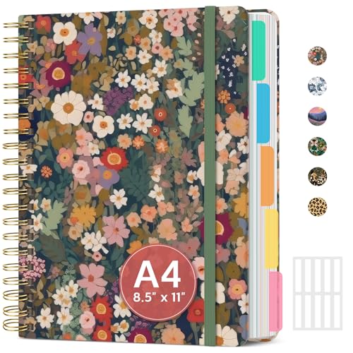 Large Spiral Notebook with Dividers & Tabs, 8.5" x 11" Hardcover 5 Subject Notebook for Work, 280 pages, College Ruled, Cute Journal for Women, Perfect for Study & Office Note Taking, Garden - color: A-Garden