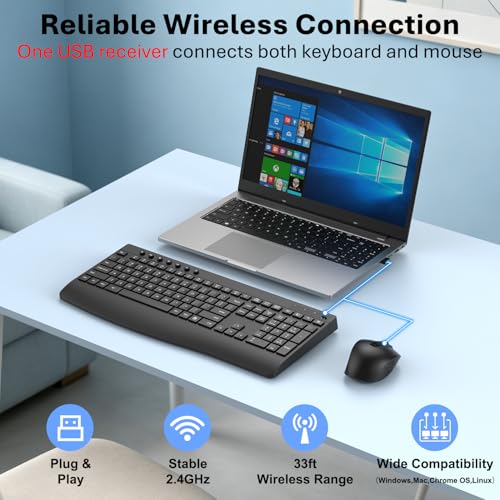 Wireless Keyboard and Mouse Combo, Full-Size Ergonomic Computer Set with Palm Rest, Lag-Free 2.4G USB Cordless Quiet Typing, Silent Click, Auto-Sleep for PC, Mac, Laptop, Windows (Black)