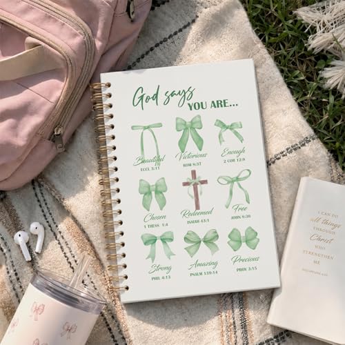 VONTP Bible Green Bow Christian Notebook Journal for Women, 5.5 x 8.3 Inch | Christian Girl Energy Journal, Christian Study Notebook, Cute Preppy Bible Study Spiral Notebook for Bible Notes - color: 001-Green