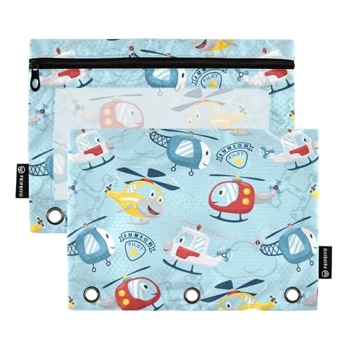 Funny Helicopters Cartoon Pencil Pouch for 3 Ring Binder, Three Hole Pencil Case for Binder Bulk Pencil Bag with Clear Window and Zipper for Office School College, 2 Pack, 9.84*7.08in - color: Multicolor 27