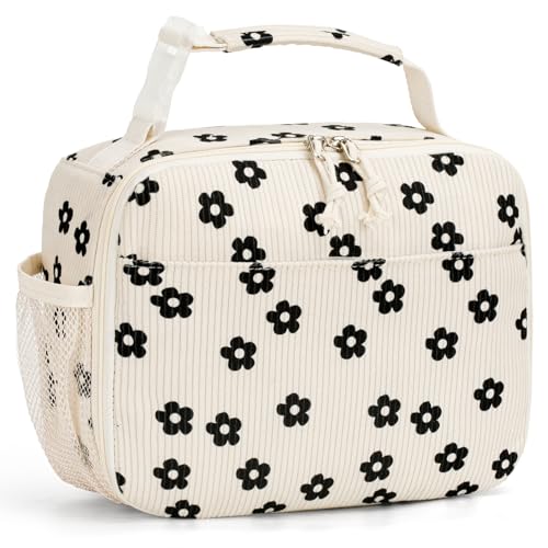 Corduroy Lunch Bag for Women Kids Small Insulated Lunch Box Girls | Cute, Handle with Buckle, PEVA Lining, Keeps Food Fresh Hours, Holds Containers Bottles Utensils, for School Work Travel - color: Black Flower