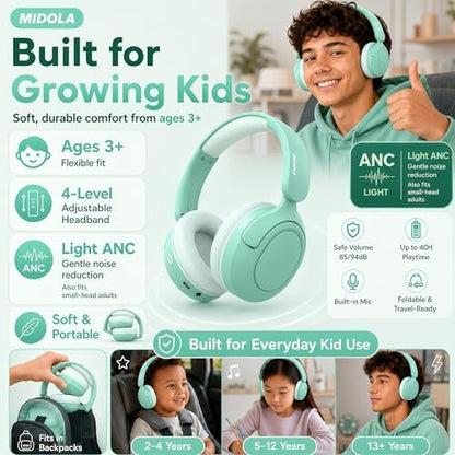MIDOLA Kids Bluetooth Headphones Active Noise Cancelling Lightweight Wireless Headphone for Kid Volume Limited 85/94dB Foldable Over-Ear Headset with Mic,68 Hours Playtime,for Toddler Child Green - color: Mint Green