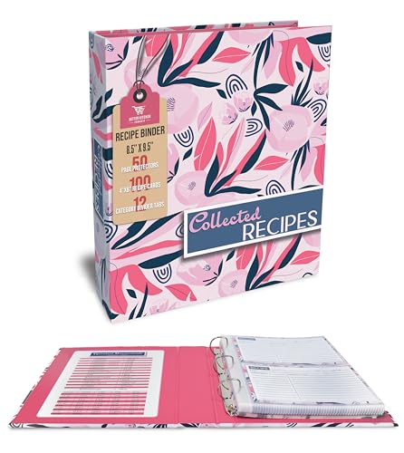 Better Kitchen Products Recipe Binder, 8.5" x 9.5" 3 Ring Binder Organizer Set (with 50 Page Protectors, 100 4" x 6" Recipe Cards & 12 Category Divider Tabs) Floral Design