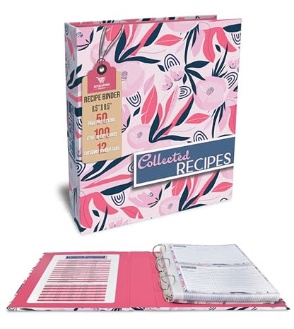 Better Kitchen Products Recipe Binder, 8.5" x 9.5" 3 Ring Binder Organizer Set (with 50 Page Protectors, 100 4" x 6" Recipe Cards & 12 Category Divider Tabs) Floral Design
