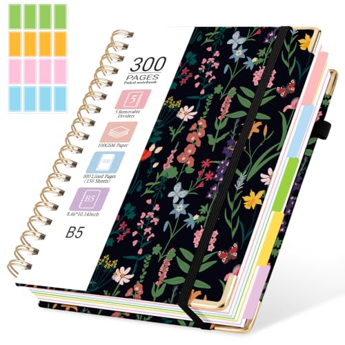 Hardcover Spiral Journal Notebook, 300 Pages 5 Subject Notebook College Ruled with Removable Dividers Tabs, 8" x 10" Notebooks for Work, Spiral Ruled Lined Writing Journal Hardcover Leather Notebook for School (Black Floral, 8''x 10'') - color: Black Flor