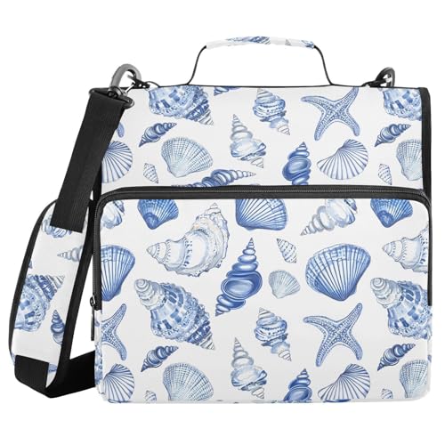 Navy Seashells Zipper Binder 3 Ring with Handle and Shoulder Strap, 500 Sheet Binder Organizer Capacity & Multi-Pockets for School Office - color: A5921