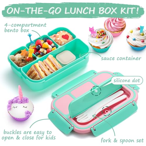 QQKO Bento Box for Kids Adults, School Toddler Lunch Box for Boys Girls, Lunch Box Containers with 4 Compartments, Sauce Container, Utensils, Food Picks and Muffin Cups for School, Pink Green - color: Pink Green