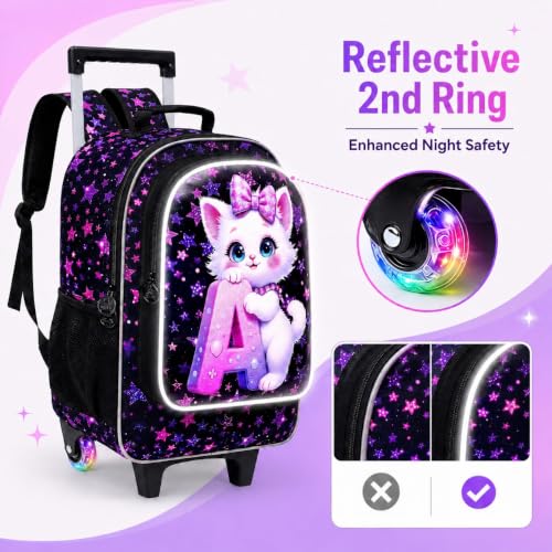 WZLVO 3PCS Kids Backpack with Wheels, 18" Sparkling Cat Print Roller Backpack for Girls with Light-Up Wheels, Includes Matching Lunch Bag & Pencil Bag - Cat Hugging A (Purple) - color: 3PCS Girls Rolling Backpack - Cat Hugging A