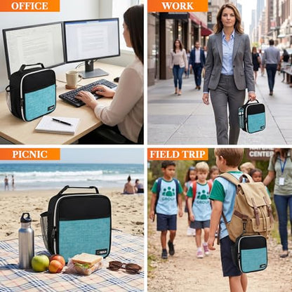 opux Insulated Lunch Bag for Kids Boys Girls, Small Compact Lunch Box with Wide Opening & Mesh Pockets, Reusable Lunch Pail for School, Work, Adults, Men, Women, Turquoise - color: Heather Sea Blue