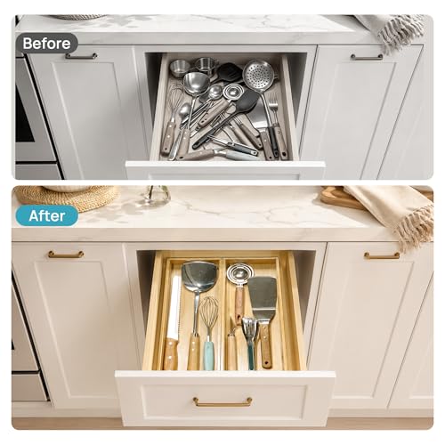 Vtopmart Bamboo Drawer Organizer Boxes - Set of 2 Multi-purpose Wooden Storage Dividers for Kitchen, Bathroom, Office, Desk, Makeup, Jewelry & More, Non-Slip Junk Drawer Organizer Trays for Storage - style: 2 Boxes
