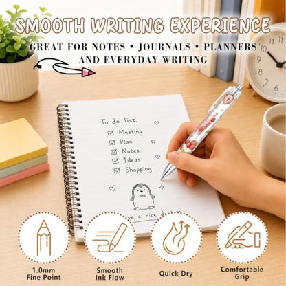 6 Pcs Cute Strawberry Pens for Girls Teens, Kawaii Fruit Ballpoint Pen Set, Aesthetic School Supplies, Teacher Gifts, Classroom Rewards, Cute Office Accessories