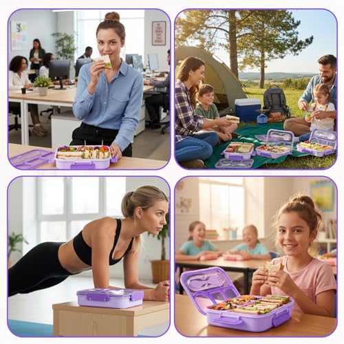 Bento Box for Adults,4 Compartments Lunch Box, Snack Containers Reusable Lunch Containers Drop-Proof, Dishwasher Safe & Made with BPA-Free Materials, Purple - color: Purple