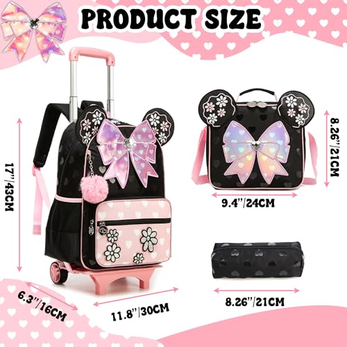 Meetbelify Girls Rolling Backpack with Wheels Kids Wheels Backpack for Girls - color: Bowknot Pink
