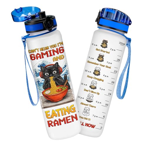 Funny Gamer Cat Water Bottle with Time Marker - 32oz Motivational Sports Bottle - Can't Hear You I'm Gaming and Eating Ramen - Unique Cat Lover Gifts for Women, Adults - color: White and Blue
