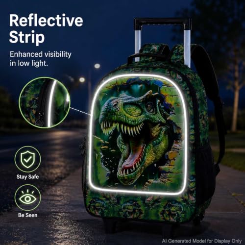 3Pcs Dinosaur Rolling Backpack for Boys, 18" Kids School Backpacks with Wheels, Roller Bookbag with Lunch Box for Preschool Toddler Elementary(Green)