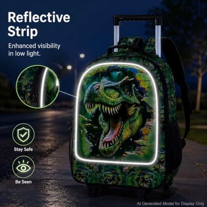 3Pcs Dinosaur Rolling Backpack for Boys, 18" Kids School Backpacks with Wheels, Roller Bookbag with Lunch Box for Preschool Toddler Elementary(Green)