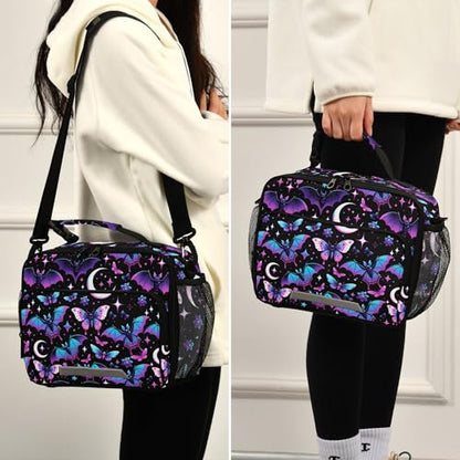 MNSRUU Student Lunch Bag Neon Purple and Bats Stars and Moons Insulated DinnerTotes Picnic Bag Lunch Box with Adjustable Shoulder Strap for Teen Kids Adults - color: Bats A8889