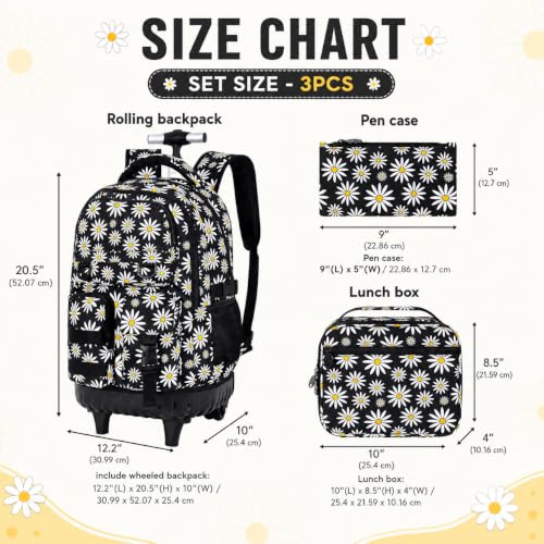 WZLVO 3PCS Wheeled Backpack, Water Resistance Girls Roller Bookbag with Wheels, Women Aesthetic Rolling School Bag Set with Lunch Bag & Pencil Bag for Teens & Kids - Black Chrysanthemum - color: 3pcs Girls Rolling Backpack - Black Chrysanthemum