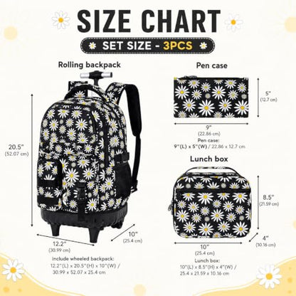 WZLVO 3PCS Wheeled Backpack, Water Resistance Girls Roller Bookbag with Wheels, Women Aesthetic Rolling School Bag Set with Lunch Bag & Pencil Bag for Teens & Kids - Black Chrysanthemum - color: 3pcs Girls Rolling Backpack - Black Chrysanthemum