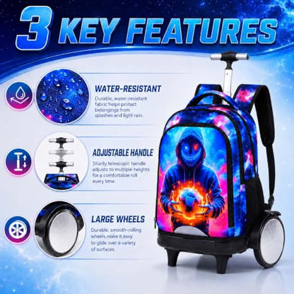 KLFVB Big Quiet-Glide Wheels Boys Backpack, 3-in-1 Rolling Bookbag Set with Lunch Bag | Water-Resistant Roller Bag for Kids, School, Travel, Play - Devil Soccer - color: Rolling Backpack with Big Wheels - Devil Soccer