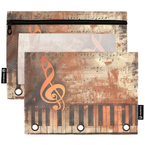 Studying 2 Pack Grunge Musical Background Notes 3 Ring Binder Pencil Pouch Bags,Clear Window Zipper Storage Case for Boys Girls School Office Supplies Cosmetics Organizers