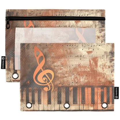 Studying 2 Pack Grunge Musical Background Notes 3 Ring Binder Pencil Pouch Bags,Clear Window Zipper Storage Case for Boys Girls School Office Supplies Cosmetics Organizers - color: Multi-music