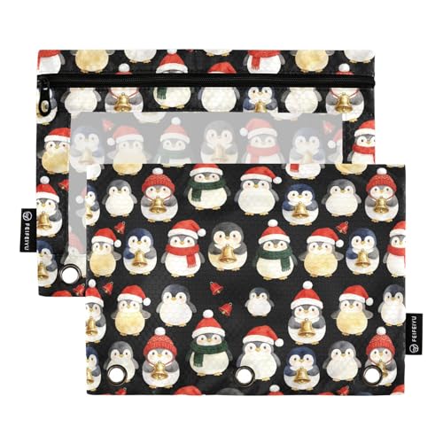 Christmas Penguins Pencil Pouches for 3 Ring Binder, Zipper Binder Pencil Case, 2 Pack Clear Window Case Bag for Office Organizers - color: Christmas Penguins