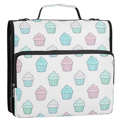 Cupcakes Design Zipper Binder 3 Ring 1.5 inch D-Ring Binder Multiple Storage Pockets Expanding File Folder Document Organizer