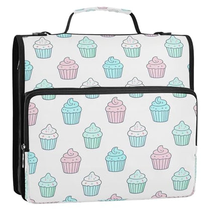 Cupcakes Design Zipper Binder 3 Ring 1.5 inch D-Ring Binder Multiple Storage Pockets Expanding File Folder Document Organizer