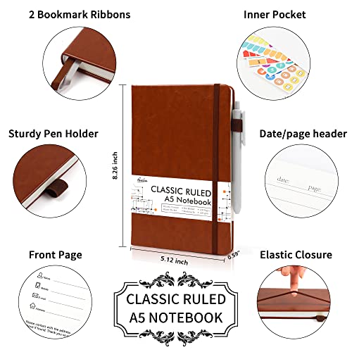 12 Pack Notebooks Journals Bulk with 12 Black Pens, Feela A5 Hardcover Notebook Classic Ruled Journal Set with Pen Holder for School Business Work Travel Writing, 120 GSM, 5.1”x8.3”, Brown - color: 12 Pack brown