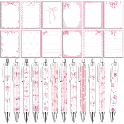 Wxiben Pink Bow Sticky Notes with Pens 24 Pcs Coquete Bow Notepads Preppy Ballpoint Pens Bulk Bows Cherries Notes Black Ink Pen Gifts for Women Office Supplies Party Favor - color: Pink Bow