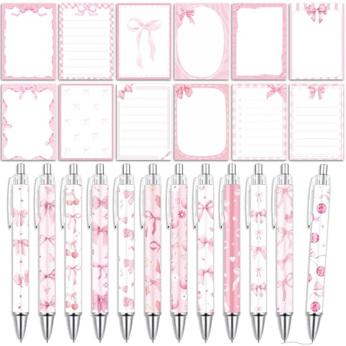 Wxiben Pink Bow Sticky Notes with Pens 24 Pcs Coquete Bow Notepads Preppy Ballpoint Pens Bulk Bows Cherries Notes Black Ink Pen Gifts for Women Office Supplies Party Favor - color: Pink Bow