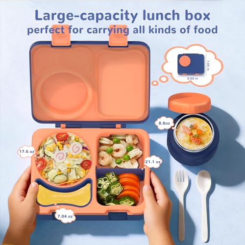 Bento Box for Kids, Leakproof Kids Bento Lunch Box Container with 8oz Insulated Thermo Food Jar, Sauce Jar, Utensil, DIY Stickers for School Boys Girls, 3-4 Compartments, BPA-Free - color: Navy Orange