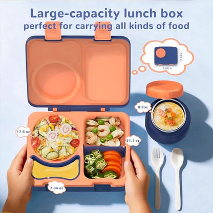 Bento Box for Kids, Leakproof Kids Bento Lunch Box Container with 8oz Insulated Thermo Food Jar, Sauce Jar, Utensil, DIY Stickers for School Boys Girls, 3-4 Compartments, BPA-Free - color: Navy Orange