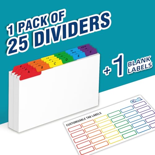 Chell 5"x8" Index Card Dividers, A-Z Tabbed, with Blank Stickers, 1 Set | Bright Colors, Heavyweight, Made of 110 lb. Cover Weight Paper, Alphabetical, Blank Stickers - size: 5"x8"