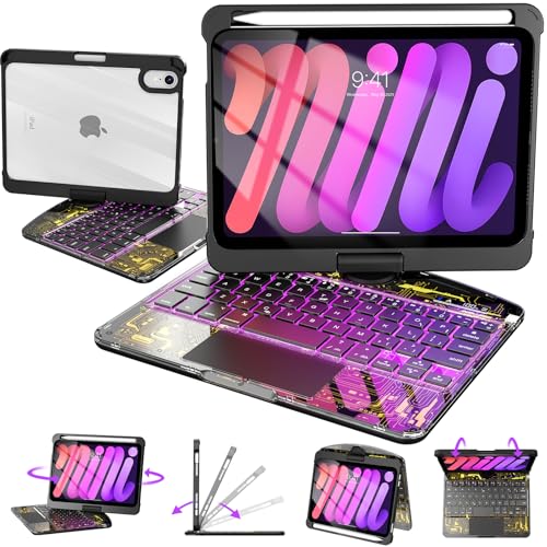 Intermerge Keyboard Case for iPad Mini 7 (A17 Pro, 2024) & Mini 6 (2021) 8.3" - 360° Swivel Multi-Touch Trackpad, 7-Color RGB Backlit Keys, Pencil Holder, Type-C Charging, Power Indicator-Shadow Pulse - color: Shadow Pulse, size: Mini 7th(a17 Pro)/ Mini 6
