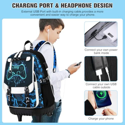 Bevalsa Rolling Backpack for Boys, Roller Backpack with Wheels, Wheeled School Bag with Sling Bag, Lunch Box & Pen Case for Kids Children Teens Elementary Middle Student Glow In The Dark - color: Blue Game